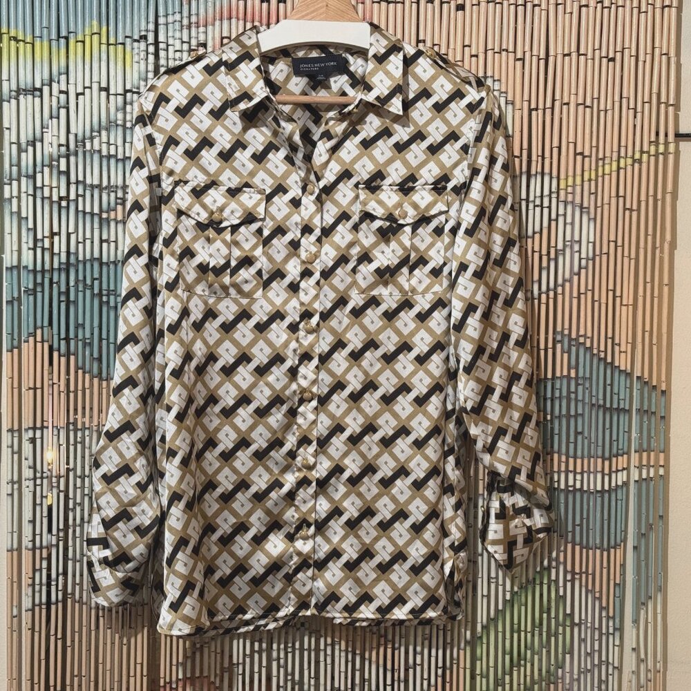 JONES NEW YORK Signature Button-Down Pointed Collar Blouse, Geometric Multi, L